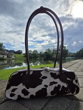 House of Harlow 1960 East-West Baguette Calf Hair Barrel Shoulder Bag Cow Design